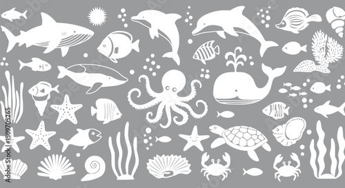 Cute White Ocean Animals Sea Life Marine Creatures Clipart Seamless Pa