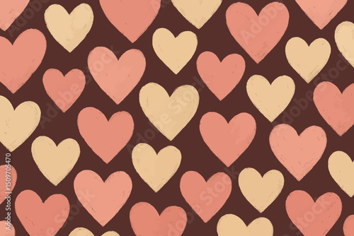 A repeating pattern of simple, hand-drawn hearts in light peach and beige colors on a dark brown background.