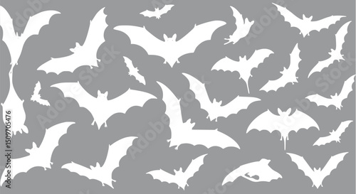 Grey Background with White Bats Silhouettes Halloween Bats Pattern Fly
