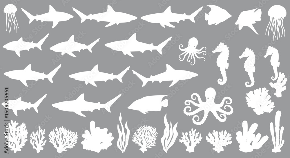 Obraz premium White Silhouettes of Ocean Animals & Coral Reefs: Sharks Jellyfish Sea
