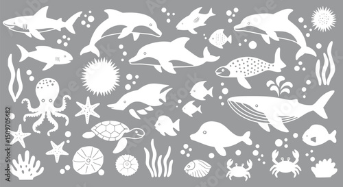 Adorable Ocean Animals: White Silhouettes on Gray Background - Cute Se