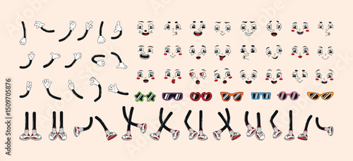 Groovy retro cartoon funky comic character elements: legs, hands, faces, sunglasses. Mascot creation, maker, parts, different poses and angles. 60s, 70s, 80s hippie vector illustration set.
