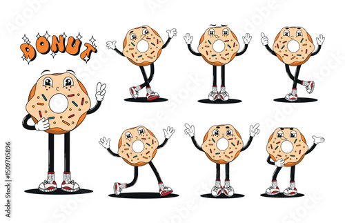 Groovy funky donut character with happy smiling face set. Retro cartoon fast food mascot collection, different poses and angles. 60s, 70s, 80s hippie psychedelic vector illustrations.