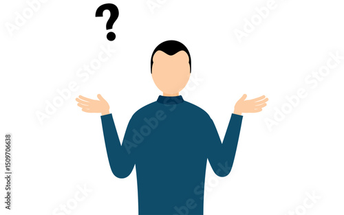 Simple illustration of a man in a blue turtleneck asking a question