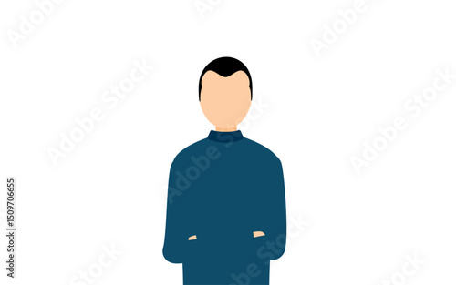 Simple illustration of a man in a blue turtleneck with his arms folded.