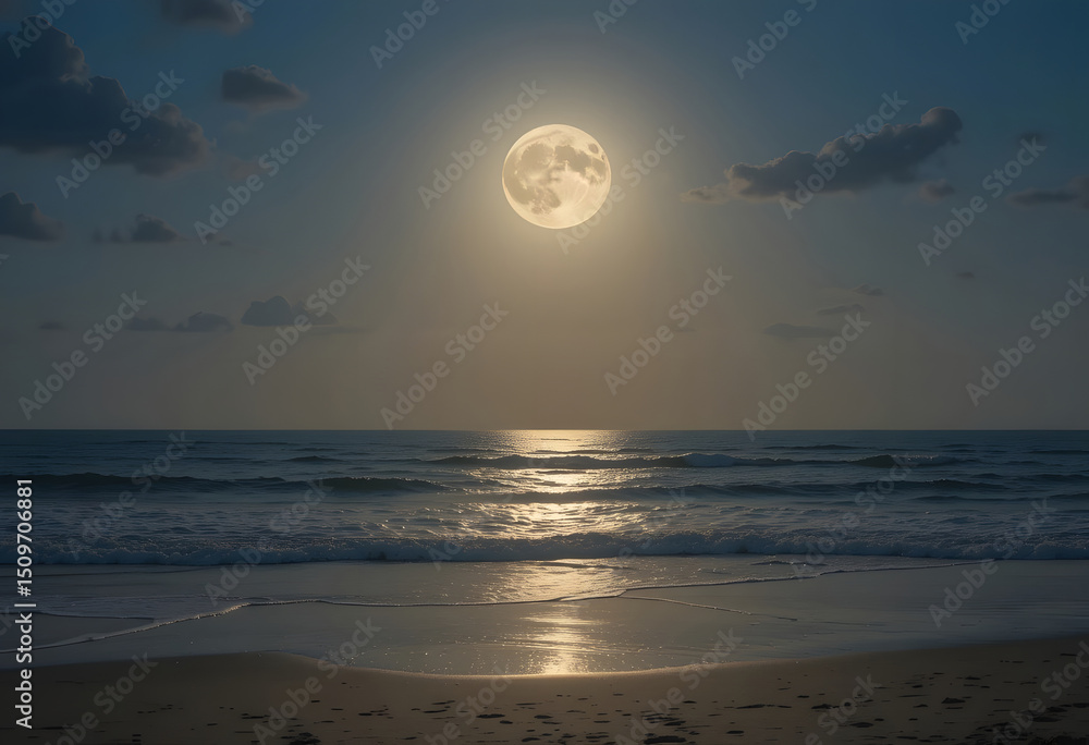 Majestic full moon shining brightly over the ocean waves and sandy beach at dusk Majestic full moon shining brightly over the ocean waves and sandy beach at dusk