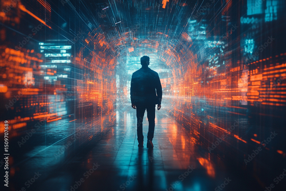 Fototapeta premium Silhouette of a man stepping into a holographic interface