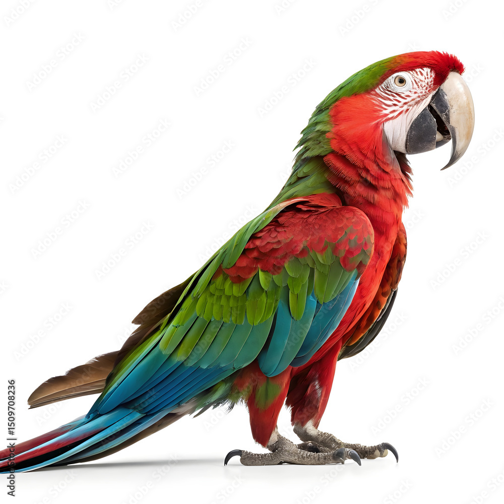 Fototapeta premium A photorealistic green-winged macaw standing in profile with vibrant feathers and detailed textures.