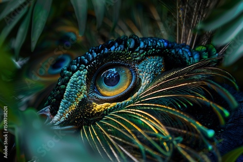 Dazzling peacock spreading its iridescent feathers in a lush garden intricate feather details vibrant color palette ultra HD photography
