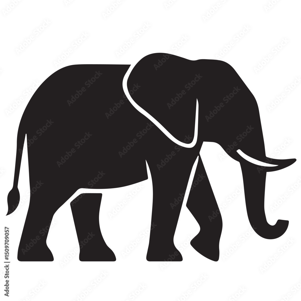 Obraz premium A black silhouette of a walking elephant with tusks and a tail