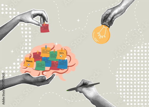 Trendy halftone collage. Creative brainstorming and problem solving concept. Thought concept, ideas memo, task reminder, mind map.