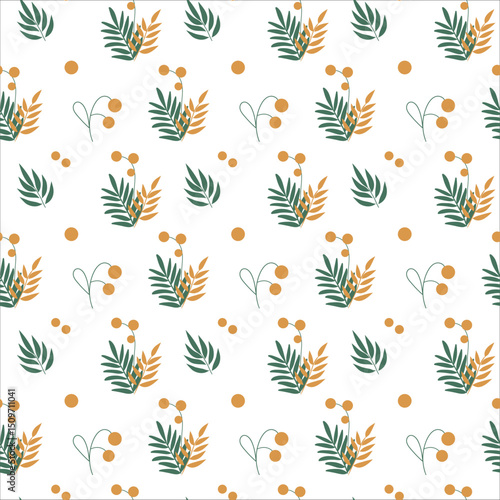Delicate botanical seamless pattern on a green-gold palette, white background. Suitable for backgrounds, greeting cards, wedding invitations, wallpapers, textile design, wrapping paper, scrapbooking