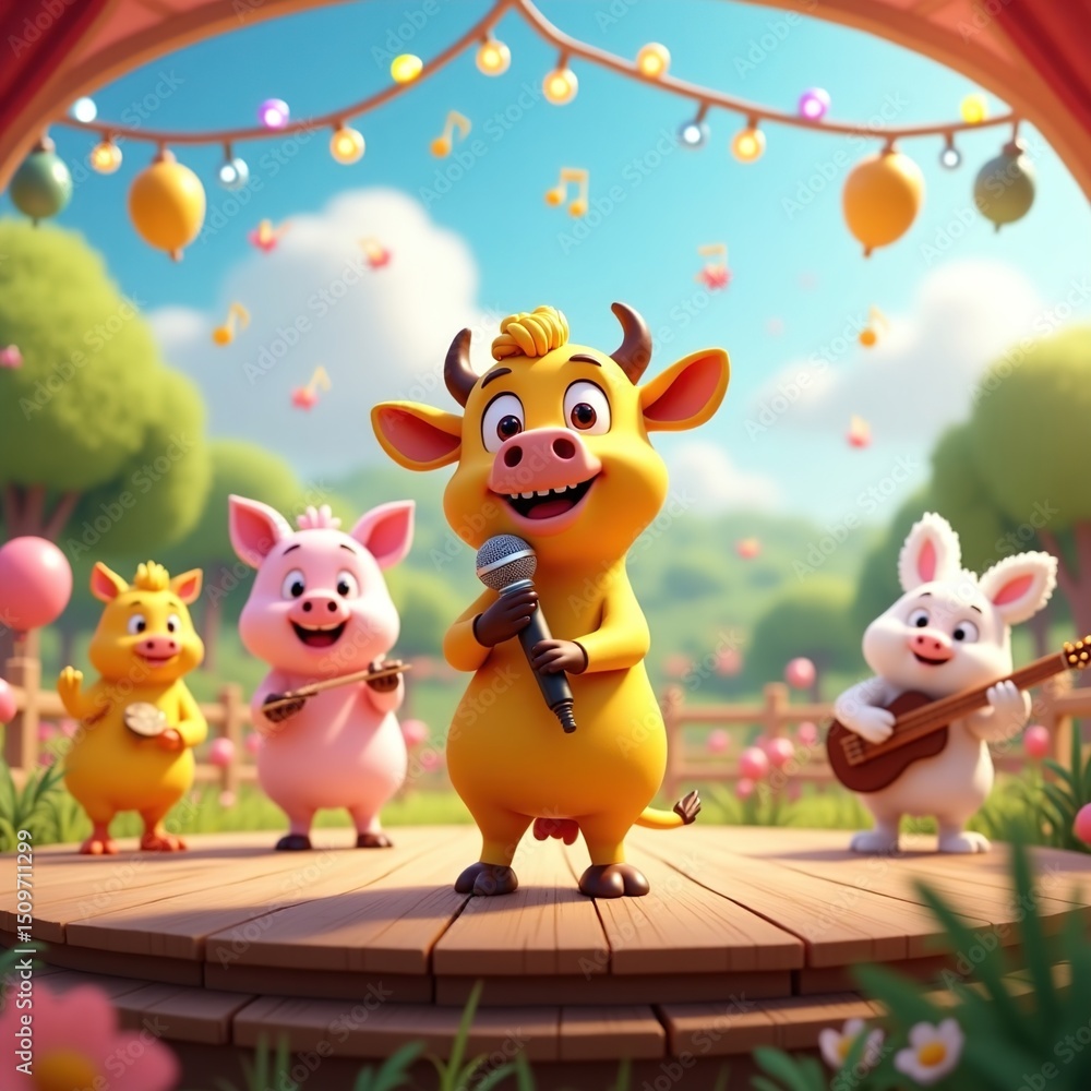 Naklejka premium Cute Farm Animal Band Singing and Playing Music