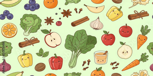 Cute Cartoon Fruit and Vegetable Seamless Pattern | Whimsical Food Illustration for Children's Products, Healthy Eating Promotions, and Backgrounds