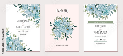wedding invitation card with light blue floral watercolor
