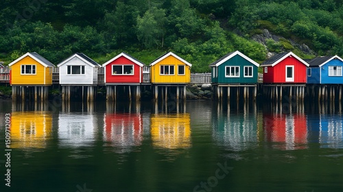 Colorful wooden cabins on stilts reflected in calm water in Lofoten Norway