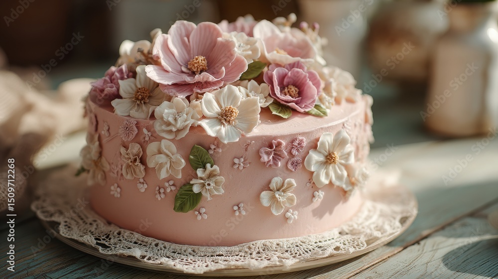 Exquisite Photorealistic Floral Cake Adorned with Delicate Sugar Flowers Evoking Joy and Elegance for Special Celebrations Exquisite Photorealistic Floral Cake Adorned with Delicate Sugar Flowers Evoking Joy and Elegance for Special Celebrations