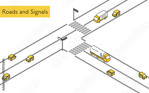 Car on T-junction with traffic light, Isometric illustration with simple line drawings