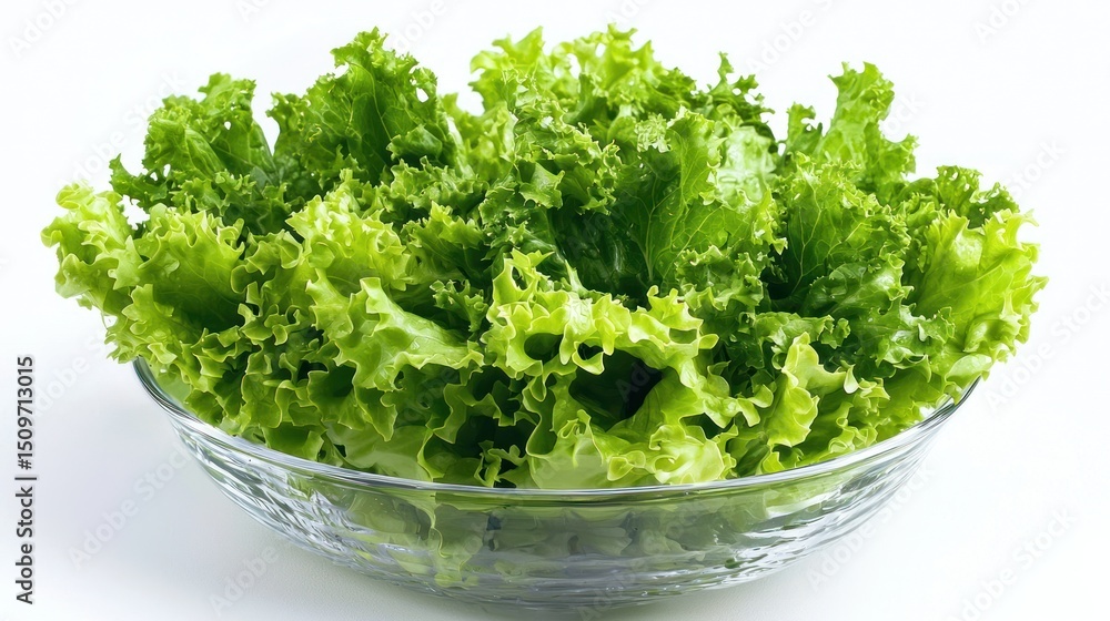 A bowl of fresh green lettuce leaves on a white background. A bowl of fresh green lettuce leaves on a white background.