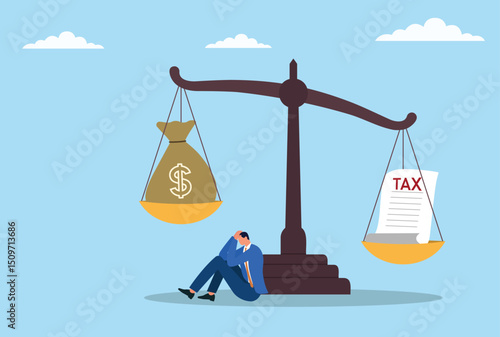Vector illustration of a depressed businessman sitting next to a large balance scale, with a bag of money on one side and heavy tax documents on the other, symbolizing financial stress and the burden 