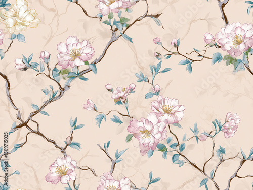 Chinoiserie_style seamless floral pattern with pink and yellow flowers vintage wallpaper texture background