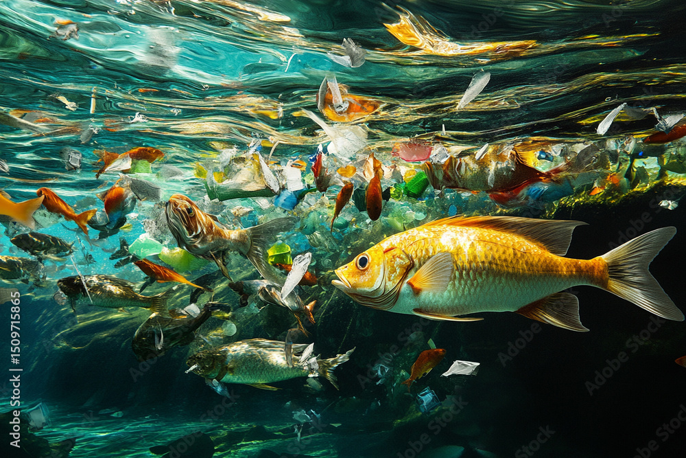 Naklejka premium A school of fish feeding on microplastics in the water