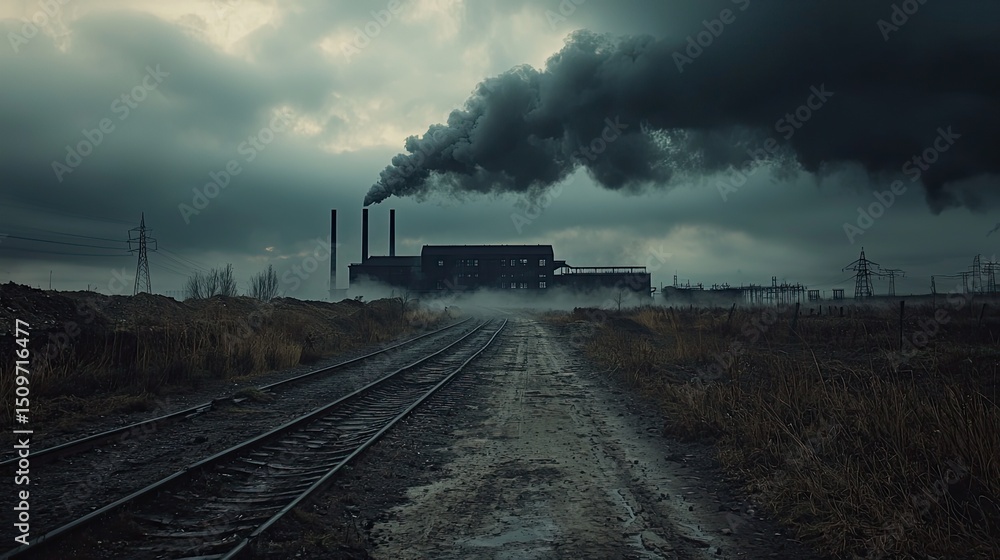 Obraz premium Industrial complex emitting dark smoke on a gloomy day.