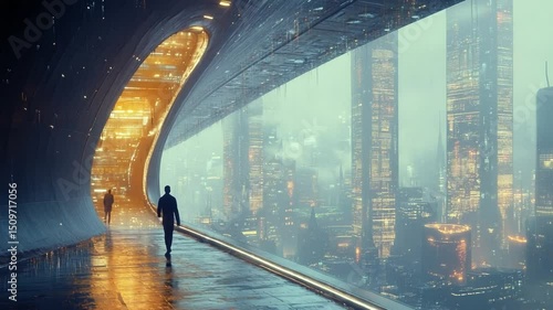 Futuristic cityscape with people walking in mist