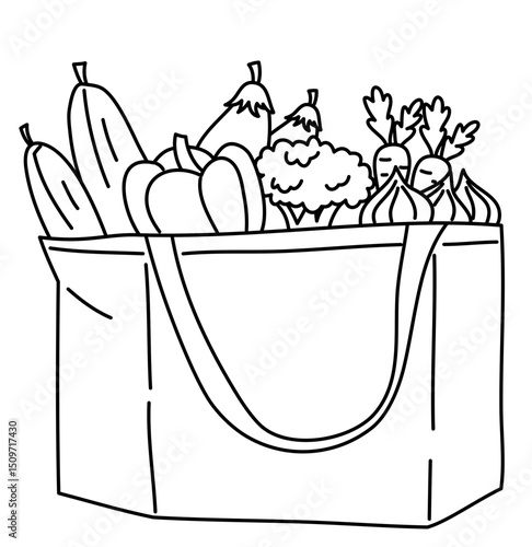 Hand drawn Reusable bag Illustration, Reusable Grocery Bag Full of Food,