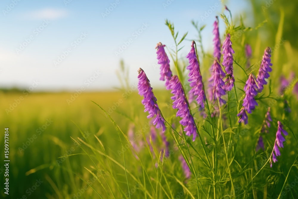 Naklejka premium Beautiful purple wildflowers in a serene landscape with bright blue sky and soft green grass under a warm sunlight for nature enthusiasts and gardeners