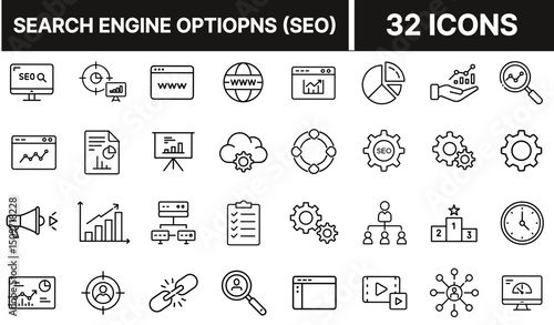 Search Engine Optimization Icon with Magnifying Glass and Gear Symbol Representing SEO Strategy, Web Ranking, and Digital Visibility