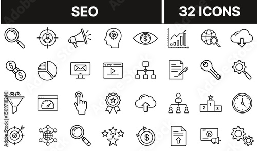 SEO Icon with Magnifying Glass and Graph Symbol Representing Search Engine Optimization and Web Ranking Strategy