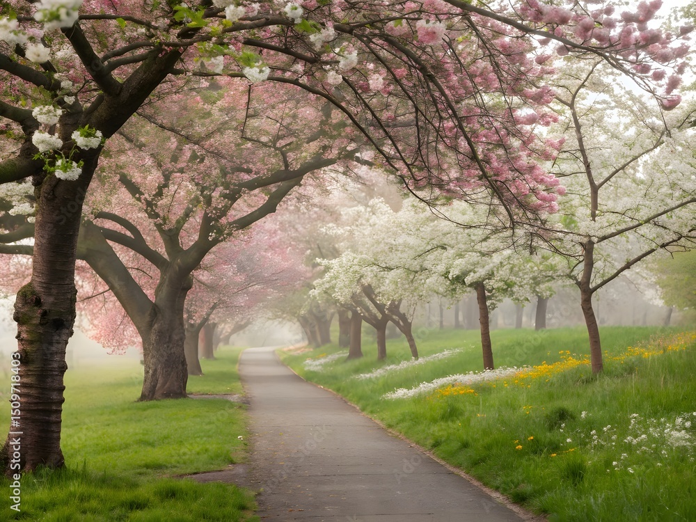 Serene Cherry Blossom Tree Path in Spring – Pink and White Blooms Along Misty Walkway. Serene Cherry Blossom Tree Path in Spring – Pink and White Blooms Along Misty Walkway.