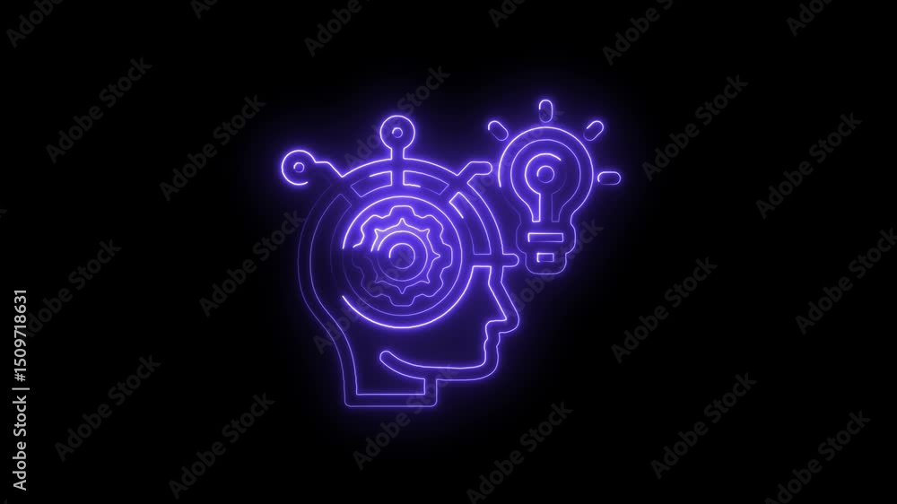 Glowing neon head profile with gear and lightbulb symbolizing innovation and creative thinking Glowing neon head profile with gear and lightbulb symbolizing innovation and creative thinking