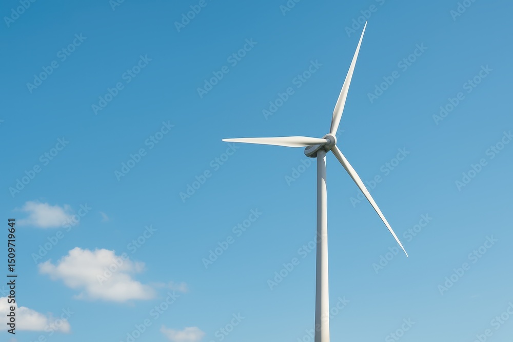 Innovative Wind Turbine Against a Clear Blue Sky with White Clouds, Symbolizing Renewable Energy and Sustainable Technology for Future Generations Innovative Wind Turbine Against a Clear Blue Sky with White Clouds, Symbolizing Renewable Energy and Sustainable Technology for Future Generations