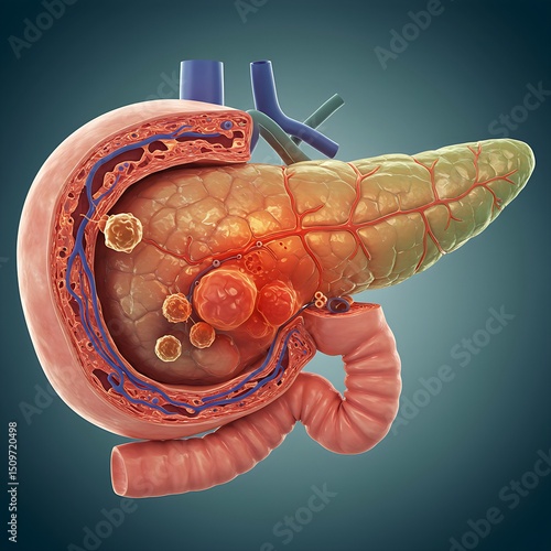 A human pancreas filled with inflammation and cracks, symbolizing pancreatitis or pancreatic damage.