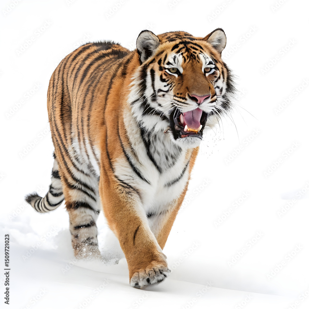 Obraz premium A roaring tiger facing forward with its body slightly angled, showing detailed fur and an intense expression.