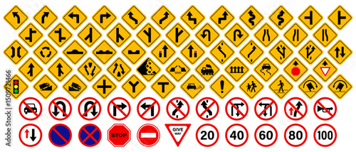 Set of warning traffic and regulatory signs vector. Prohibition and information yellow traffic signs. Road symbols.