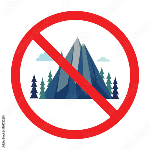 Forbidden sign with mountain icon, no mountain climbing allowed sign, do not climb mountain symbol