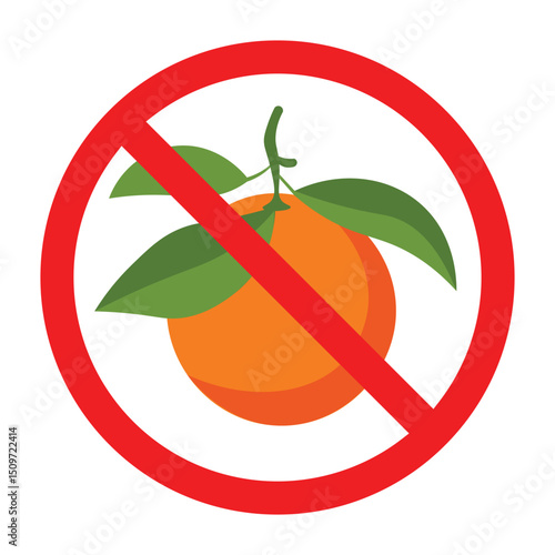 No orange allowed sign, forbidden sign with orange fruit icon, citrus prohibition symbol, do not eat orange sign