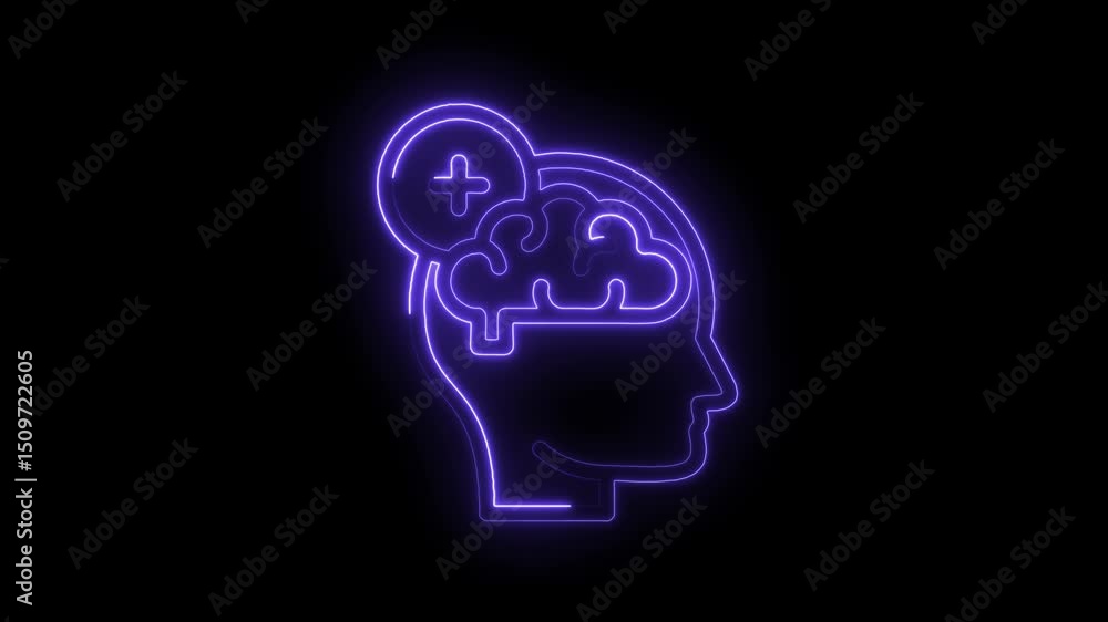 Glowing neon animation of brain health concept with plus sign on black background Glowing neon animation of brain health concept with plus sign on black background