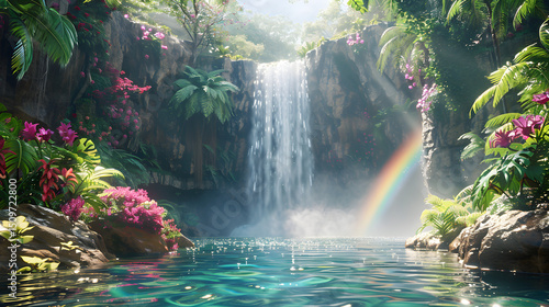 Majestic waterfall surrounded by lush greenery and a vibrant rainbow.