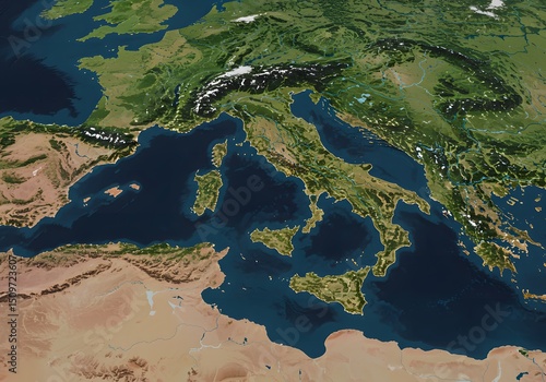 Detailed Satellite View of Italy, Surrounding Islands, and North African Coastline.