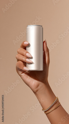A woman's hand with beautiful jewelry holding a tall thin, 16oz sleek, white beverage Can, a beige background, a light brown color scheme.