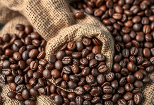 Coffee beans scattered on burlap sack, close-up view,  caffeine,  coffee plant
