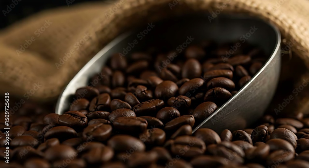 Fototapeta premium Macro of roasted coffee beans spilling from a scoop