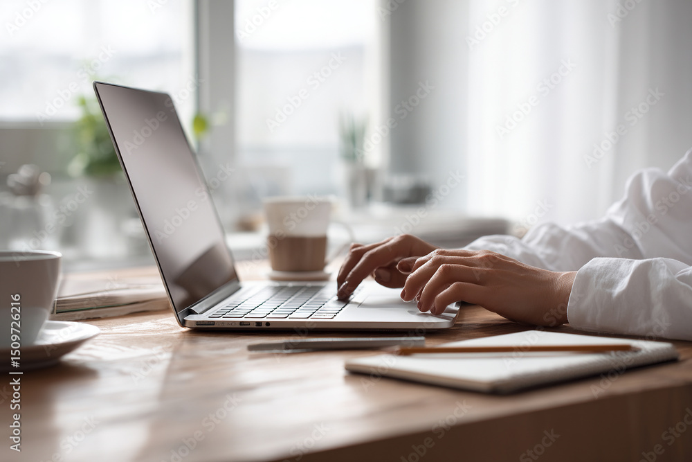 Fototapeta premium laptop on desk, hands typing, white shirt, bright interior, natural light, window, notebook, pencil, coffee cup, wooden desk, minimalist workspace, AI Generative