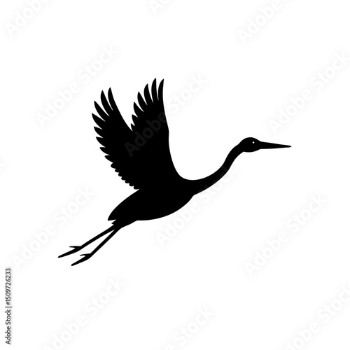 Clean Vector Art of a Flying Stork Showcased as a Black Silhouette from the Side