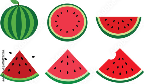 Set of watermelon and watermelon slices vector illustration isolated on transparent background