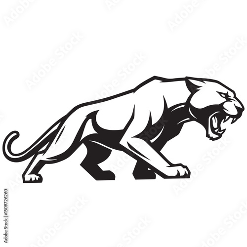 A black  white illustration of a panther midstride growling with visible teeth